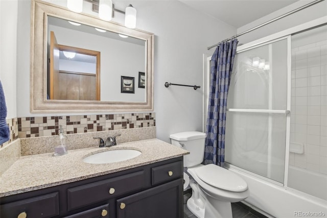 bathroom featuring toilet, shower / bath combo, backsplash, and vanity