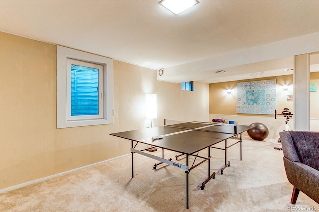 playroom featuring light colored carpet