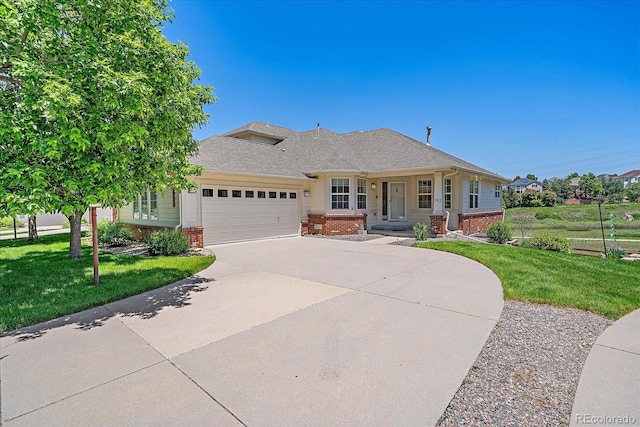 7912 S Buchanan Way, Aurora, CO 80016 - ranch-style home featuring brick siding, a garage, driveway, a front yard, and a shingled roof