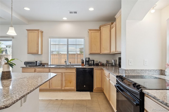 19047 Randolph Pl, Denver, CO 80249 - kitchen featuring light brown cabinets, light tile patterned flooring, visible vents, a sink, and black appliances