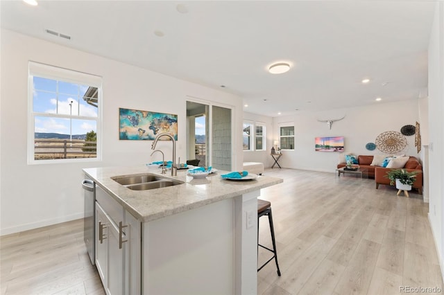 kitchen with open floor plan, a sink, light wood finished floors, and dishwasher