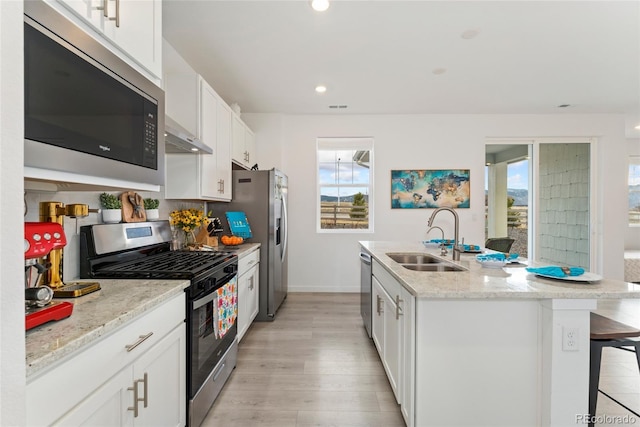 kitchen with stainless steel appliances, a healthy amount of sunlight, a sink, and a center island with sink