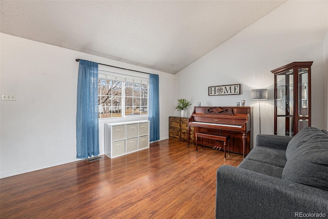 living room with dark wood-type flooring and vaulted ceiling