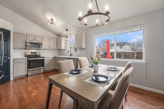 kitchen featuring dark wood-style floors, light countertops, stainless steel appliances, gray cabinetry, and a sink