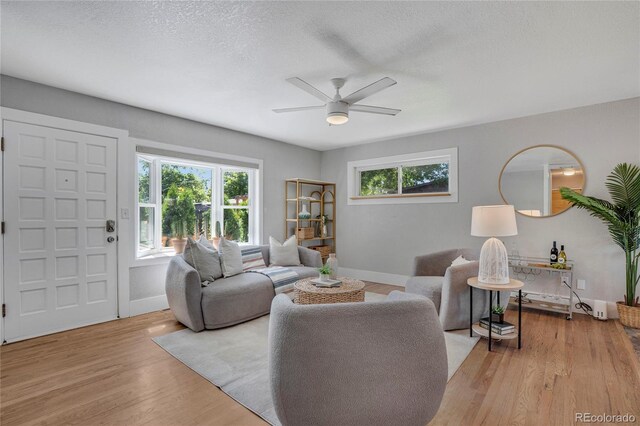 9400 Ridge Rd, Arvada, CO 80002 - living area with a ceiling fan, plenty of natural light, wood finished floors, a textured ceiling, and baseboard heating