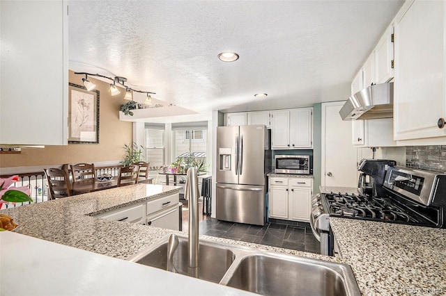 7582 Jared Way, Littleton, CO 80125 - kitchen featuring stainless steel appliances, ventilation hood, white cabinetry, a textured ceiling, and recessed lighting