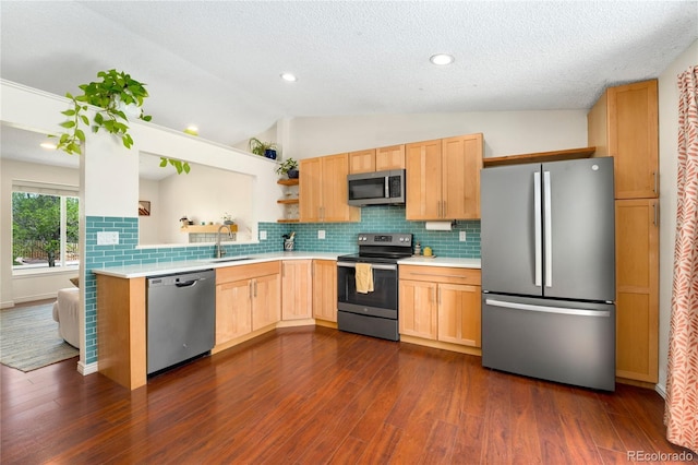 9376 W Wagon Trail Cir, Littleton, CO 80123 - kitchen featuring stainless steel appliances, light brown cabinetry, light countertops, lofted ceiling, and a textured ceiling