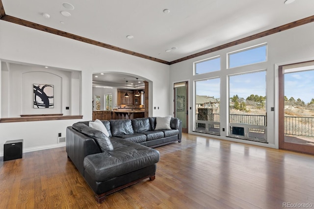 living room with crown molding and hardwood / wood-style floors