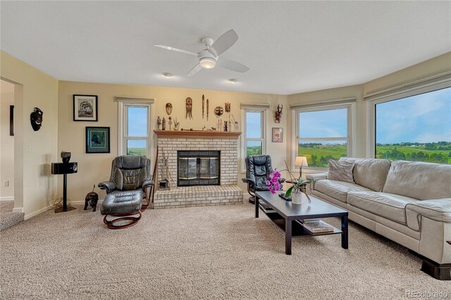 43793 Buckskin Rd, Parker, CO 80138 - carpeted living area featuring a ceiling fan and a fireplace