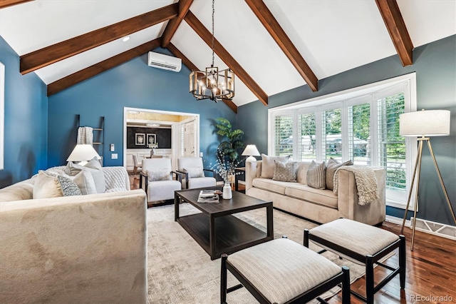 living room featuring hardwood / wood-style flooring, a notable chandelier, lofted ceiling with beams, and a wall mounted AC