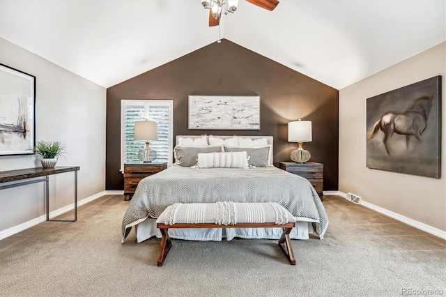 bedroom featuring carpet, vaulted ceiling, and ceiling fan