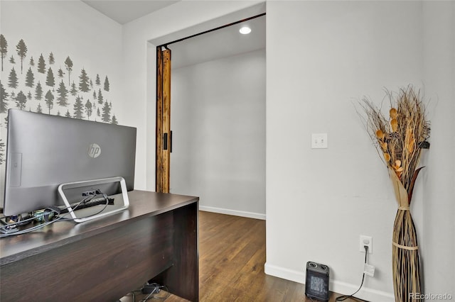 home office featuring dark wood-type flooring