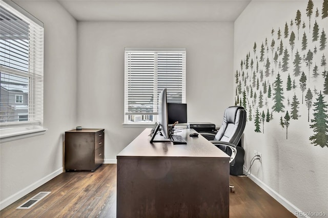 office area featuring dark hardwood / wood-style floors