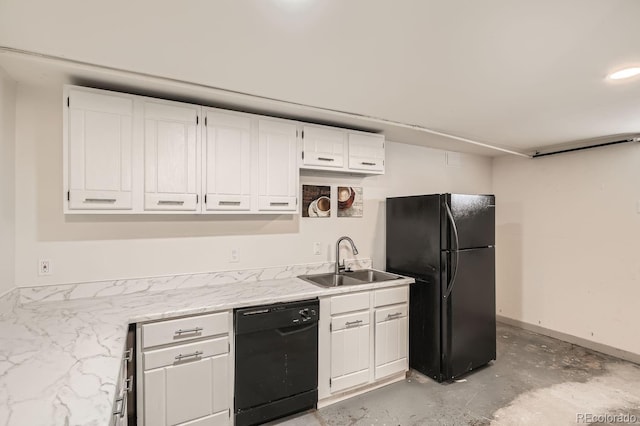 kitchen featuring baseboards, black appliances, a sink, and white cabinets