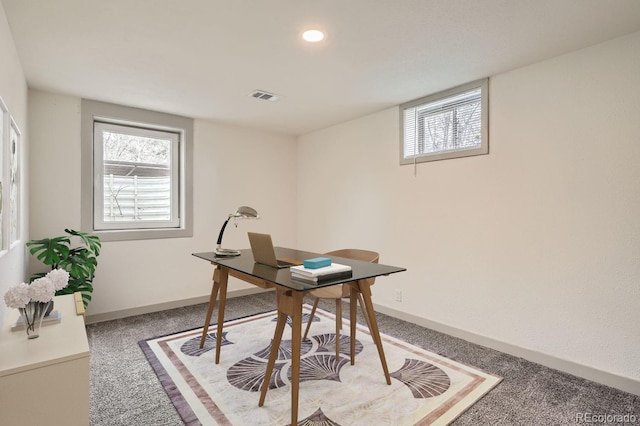 carpeted home office featuring recessed lighting, visible vents, plenty of natural light, and baseboards