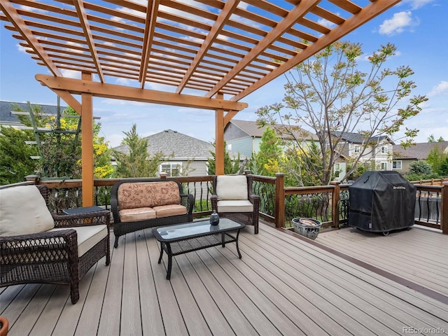 deck featuring a residential view, a grill, an outdoor living space, and a pergola