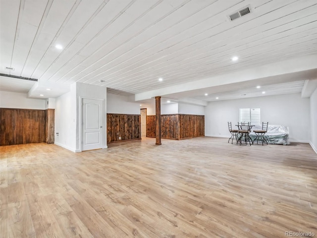 basement with light wood-type flooring, wood ceiling, visible vents, and recessed lighting