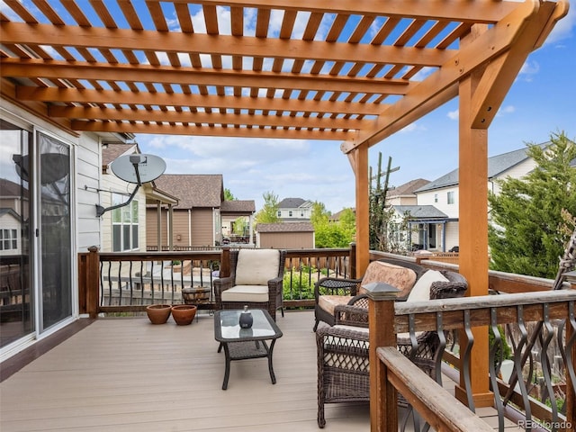 wooden deck with a residential view, an outdoor hangout area, and a pergola