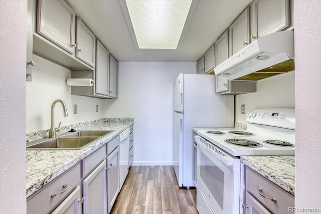 6007 Yarrow St Unit D, Arvada, CO 80004 - kitchen with white appliances, under cabinet range hood, light wood-style floors, gray cabinetry, and light countertops