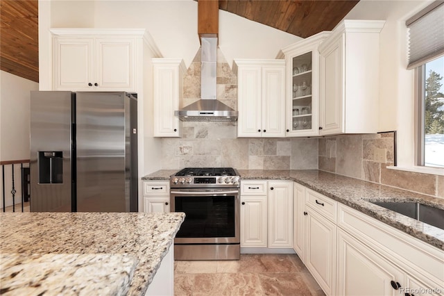 kitchen with backsplash, wall chimney range hood, wood ceiling, lofted ceiling, and stainless steel appliances