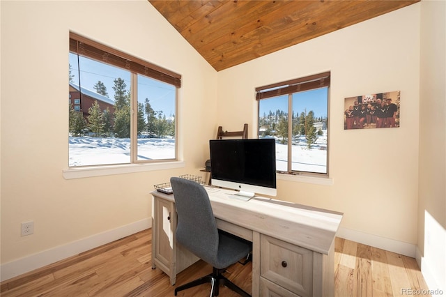 home office with wood ceiling, plenty of natural light, light hardwood / wood-style floors, and vaulted ceiling