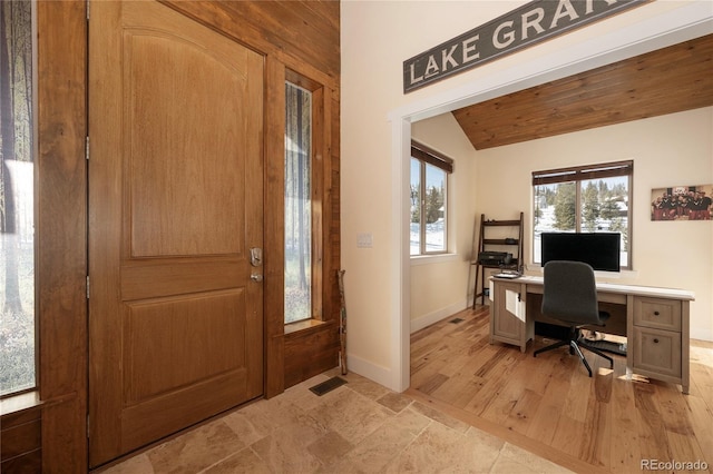 office area with lofted ceiling and wood ceiling