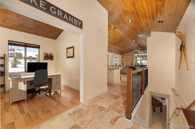 office space with lofted ceiling, plenty of natural light, and wooden ceiling