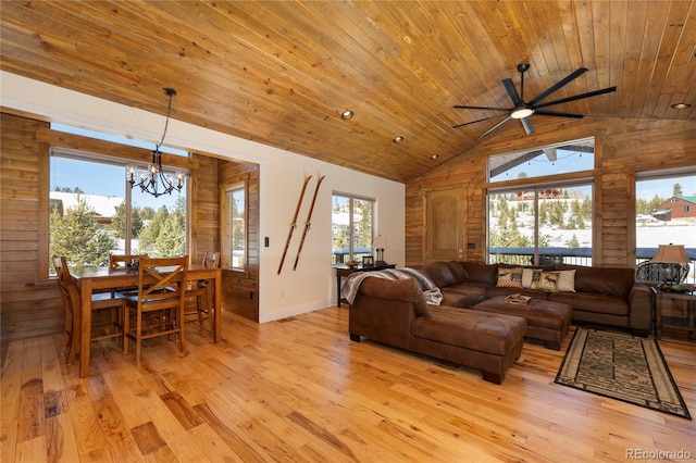 living room with high vaulted ceiling, wooden walls, wood ceiling, and light hardwood / wood-style floors