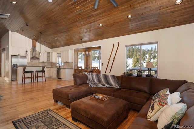 living room featuring sink, high vaulted ceiling, light hardwood / wood-style flooring, wooden ceiling, and a notable chandelier