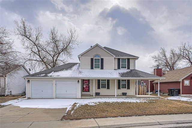 view of front of property featuring concrete driveway, covered porch, and an attached garage