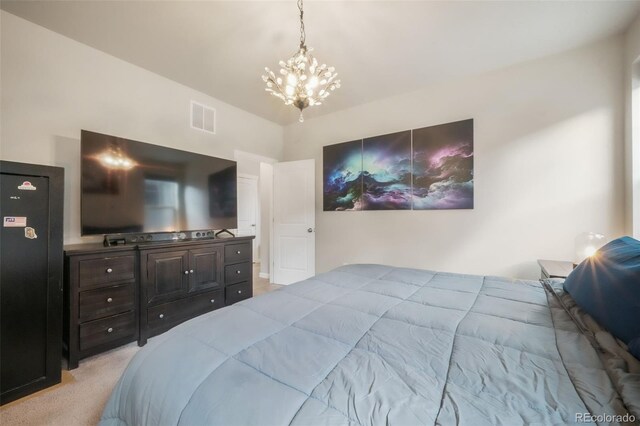11524 Dewey St, Parker, CO 80138 - bedroom with visible vents, a notable chandelier, and light colored carpet
