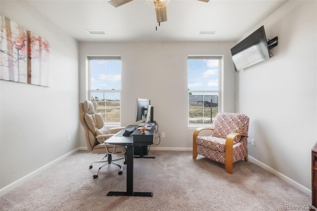 11524 Dewey St, Parker, CO 80138 - carpeted home office with visible vents, baseboards, and ceiling fan