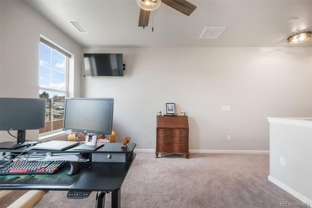 11524 Dewey St, Parker, CO 80138 - office area featuring visible vents, baseboards, ceiling fan, and carpet floors
