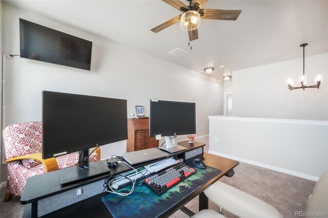 11524 Dewey St, Parker, CO 80138 - office area with visible vents, carpet, and ceiling fan with notable chandelier