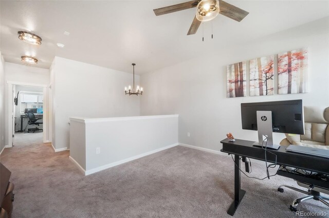 11524 Dewey St, Parker, CO 80138 - office area with carpet floors, baseboards, and ceiling fan with notable chandelier