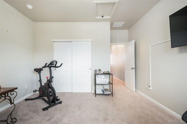 11524 Dewey St, Parker, CO 80138 - workout area with carpet floors, attic access, and baseboards