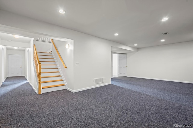 46531 Sundance Trl, Parker, CO 80138 - finished basement with recessed lighting, dark colored carpet, and stairs