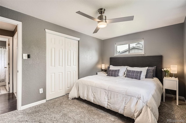 6046 Vrain St, Arvada, CO 80003 - carpeted bedroom featuring a textured wall, a closet, ceiling fan, and baseboards