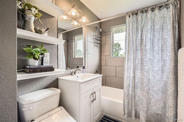 6046 Vrain St, Arvada, CO 80003 - bathroom with shower / tub combo with curtain, vanity, and toilet