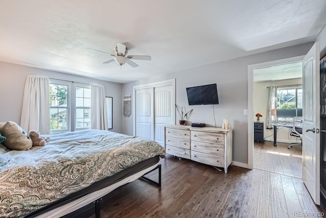 10440 W 83rd Ave, Arvada, CO 80005 - bedroom with a ceiling fan, baseboards, dark wood-style floors, and a closet