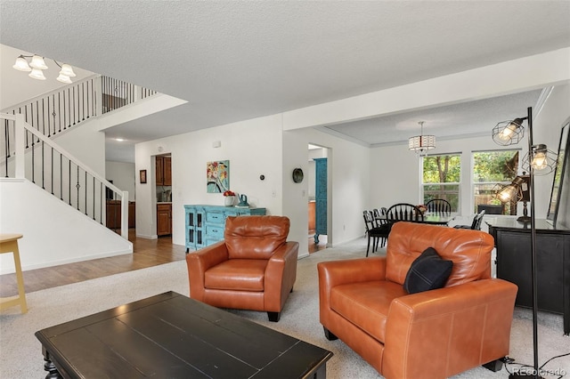 7951 S Webster Way, Littleton, CO 80128 - living area with stairs, light carpet, and a chandelier