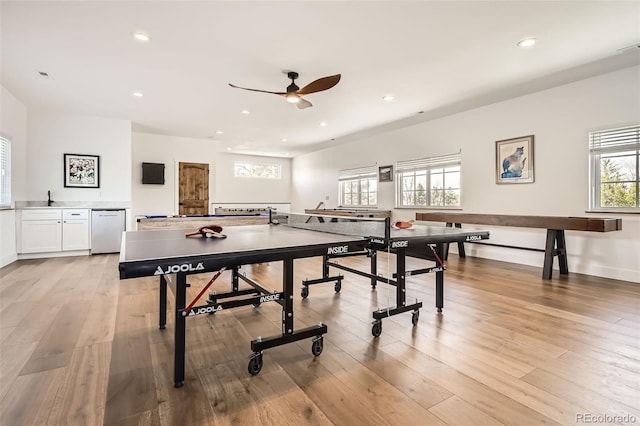 6102 S Aberdeen St, Littleton, CO 80120 - game room featuring a ceiling fan, recessed lighting, light wood-style flooring, and a sink