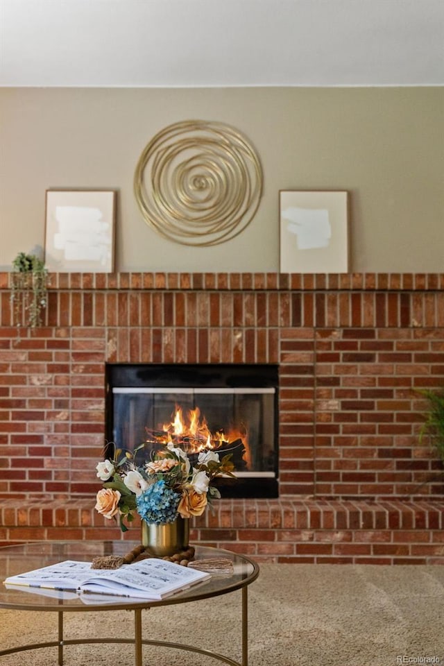 20922 E Crestline Cir, Centennial, CO 80015 - detailed view of a brick fireplace and carpet flooring
