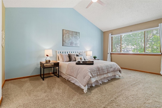 20922 E Crestline Cir, Centennial, CO 80015 - bedroom with vaulted ceiling, light colored carpet, baseboards, ceiling fan, and a textured ceiling