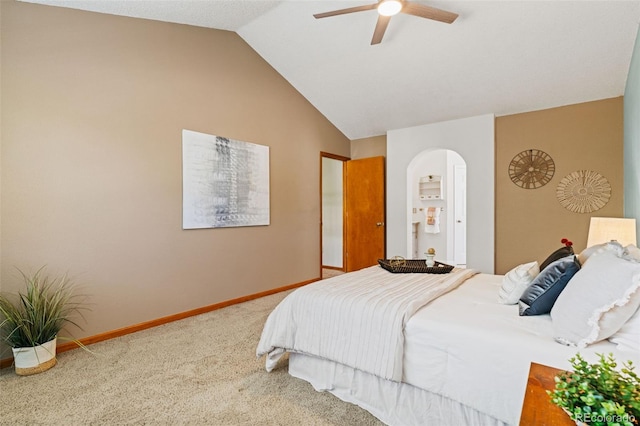 20922 E Crestline Cir, Centennial, CO 80015 - bedroom with arched walkways, carpet flooring, vaulted ceiling, baseboards, and ceiling fan