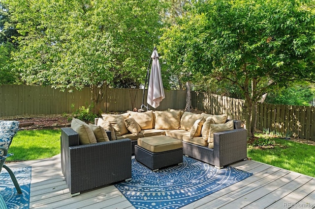 20922 E Crestline Cir, Centennial, CO 80015 - wooden deck with outdoor lounge area and a fenced backyard