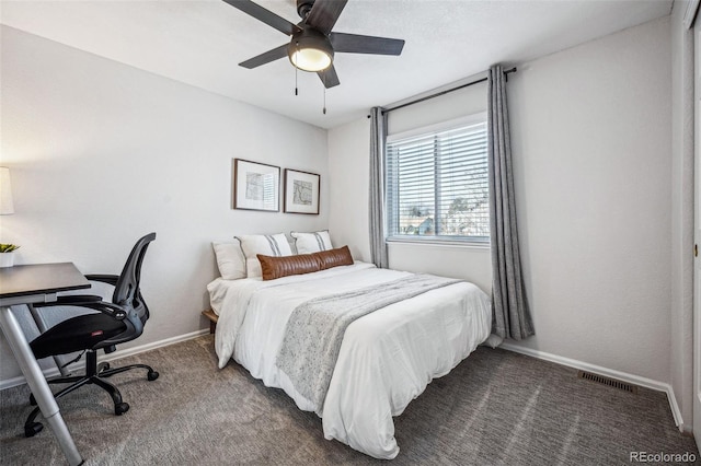 bedroom featuring visible vents, dark carpet, a ceiling fan, and baseboards