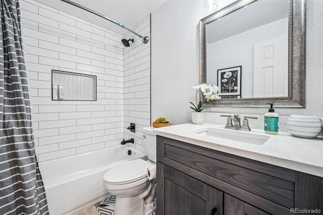 full bath featuring shower / tub combo, vanity, and toilet