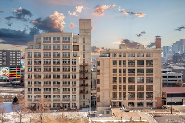 view of building exterior with a city view