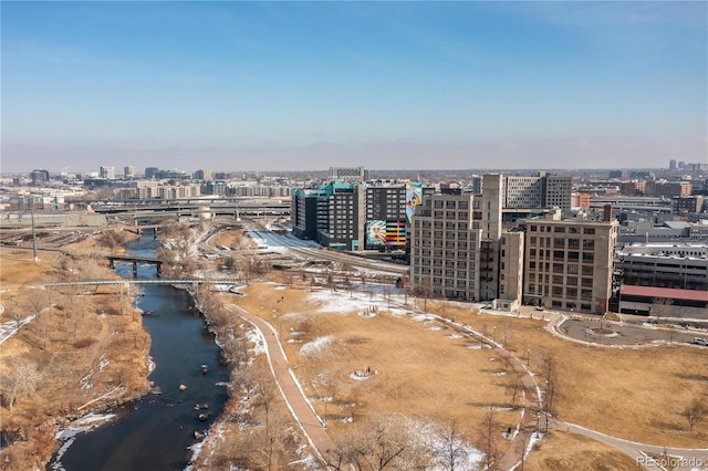 bird's eye view with a view of city and a water view